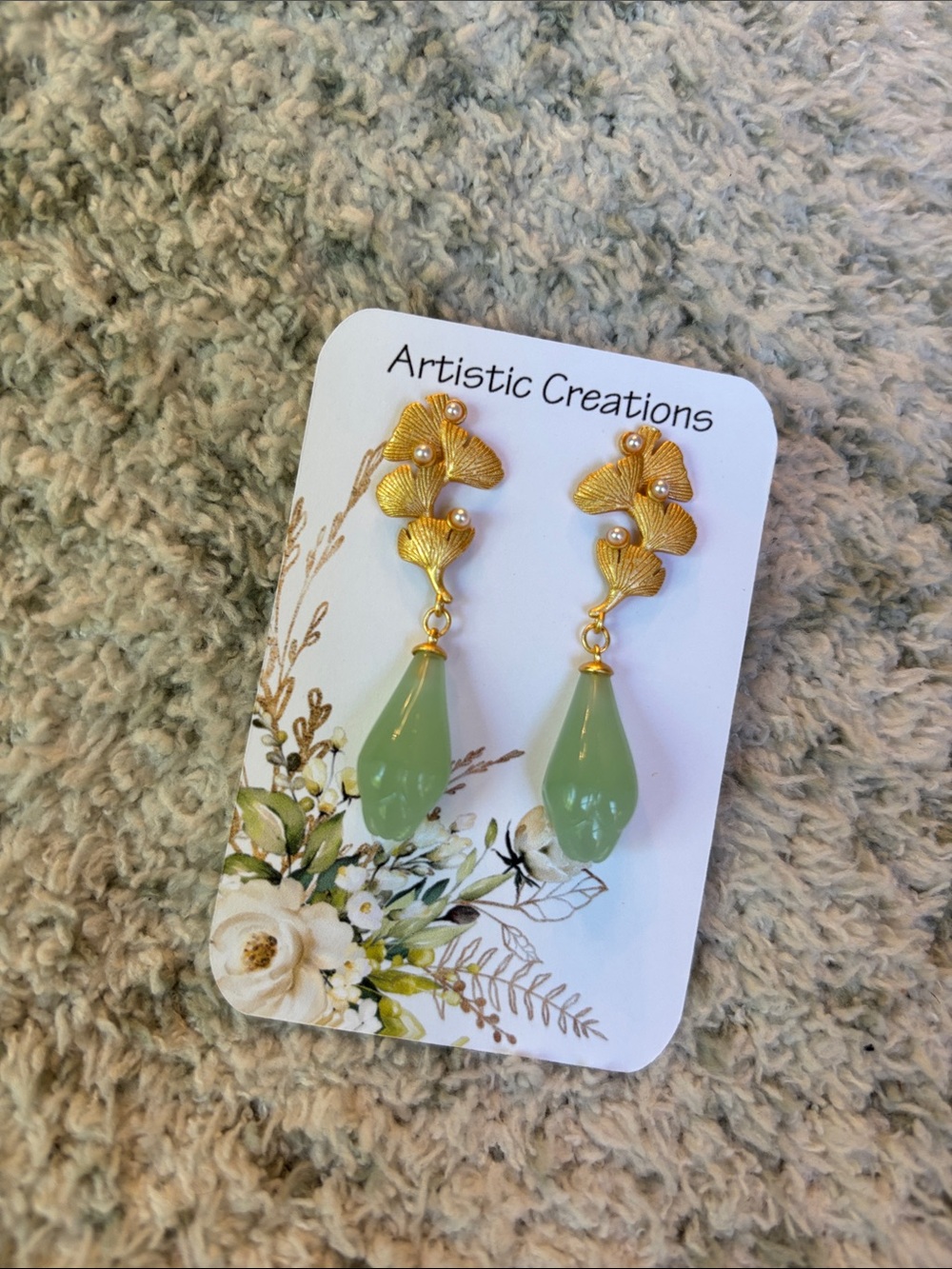 Artistic Creations Gold Ginkgo Leaf Drop Earrings w/ Green Teardrop NWT 1.75” - Picture 11 of 11